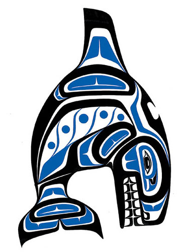 A stylized indigenous art representation of an orca in black blue and white